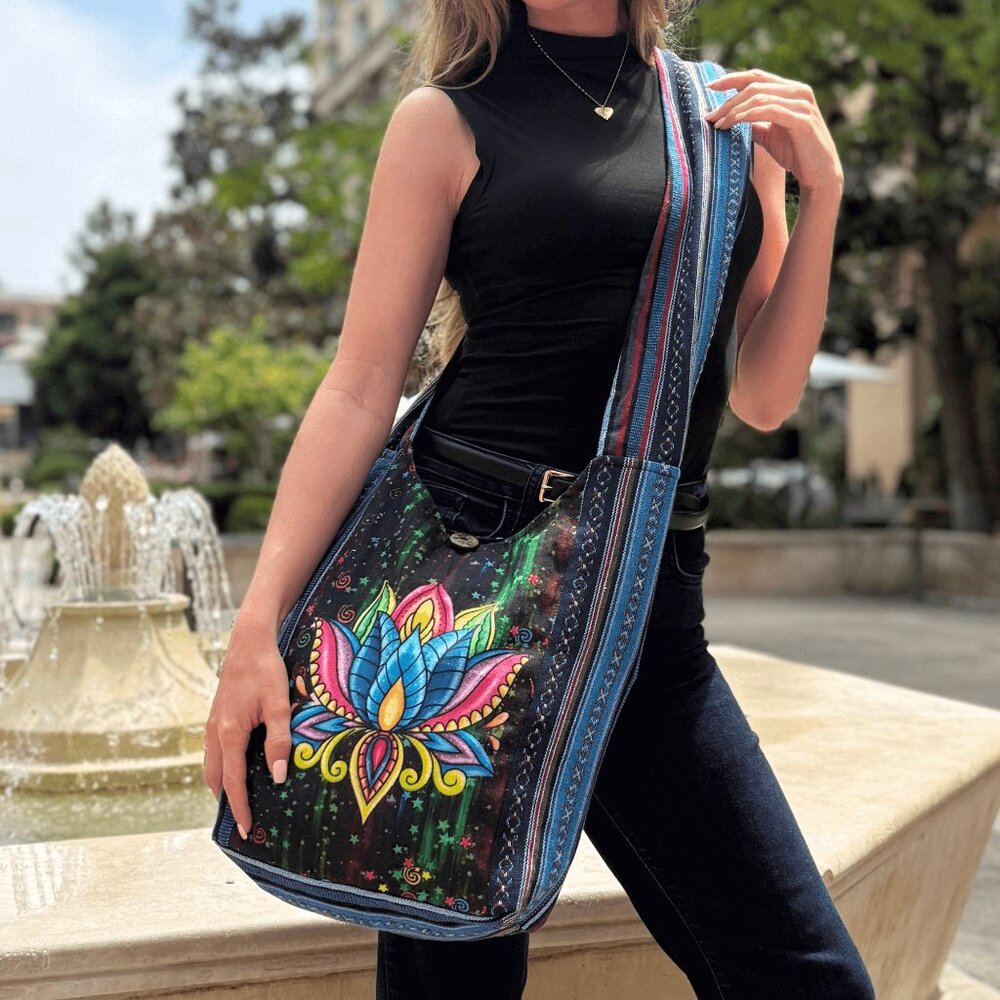 Lotus Handmade Hobo Bag - 100% Cotton Boho Shoulder Bag from Nepal